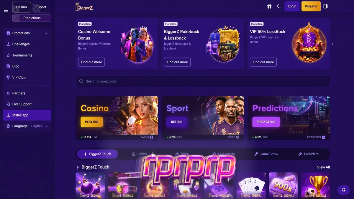 Tampilan antarmuka BiggerZ yang menampilkan opsi kasino, taruhan olahraga, dan pasar prediksi.